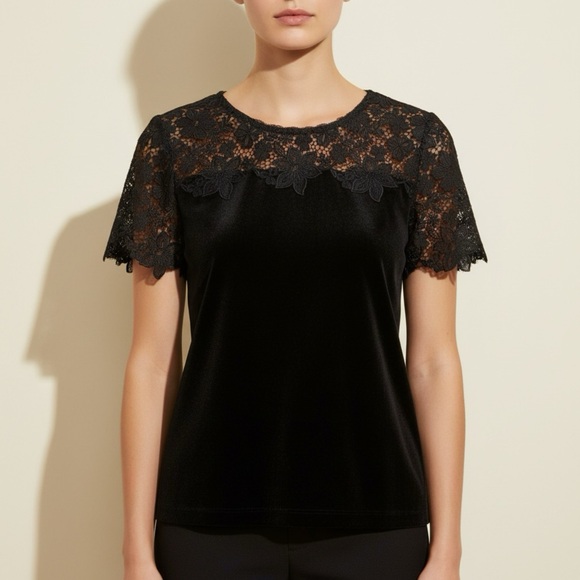 Karl Lagerfeld Tops - Karl Lagerfeld Black Velvet Lace Short Sleeve Top